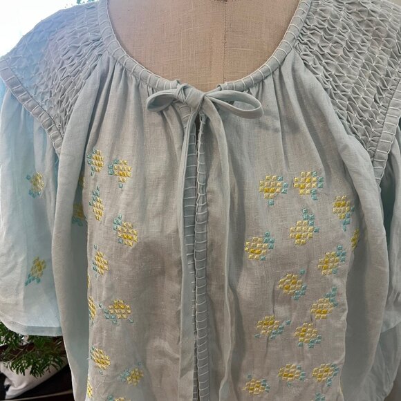 INNIKA CHOO  Embroidered Linen Smock Blouse  in Sea Mist One Size - Picture 11 of 16